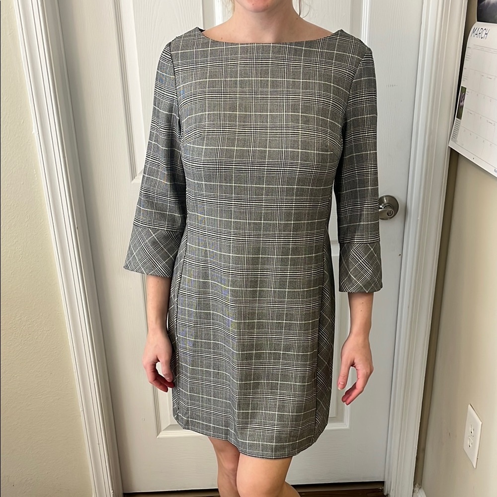 Black & White Houndstooth Dress with 3/4 Bell Sleeves